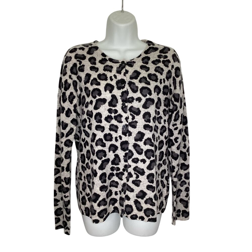 Cynthia Rowley Gray Black Leopard 100% Cashmere Cardigan Sweater L ~ Excellent
